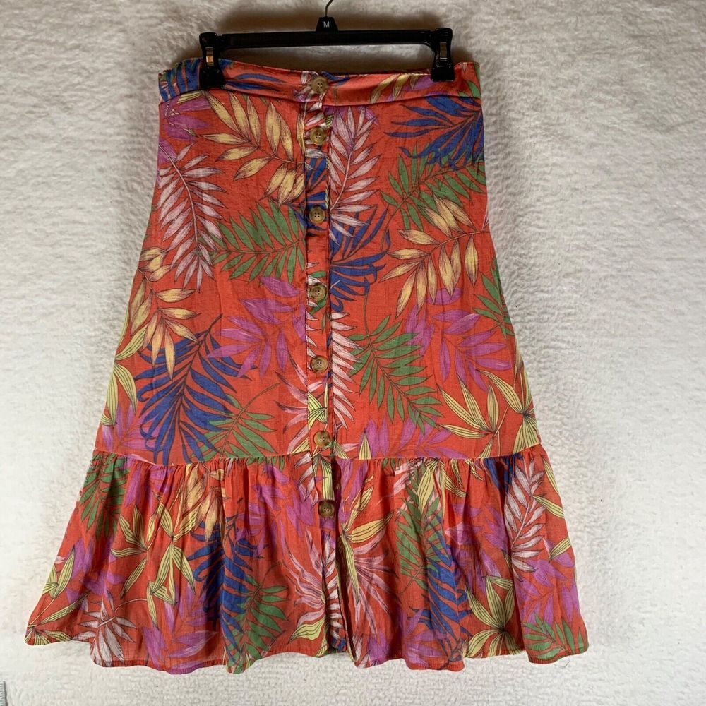 Mlle Gabrielle Womens Tropical Print Hawaiian Button Front‎ Midi Skirt Size L